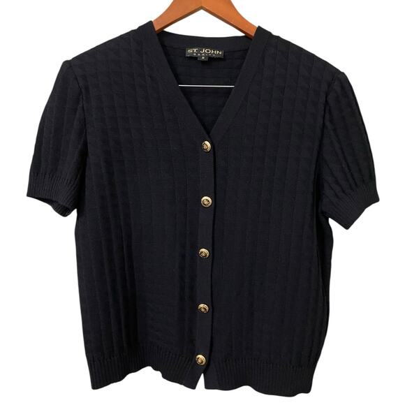 St. John Short Sleeve Cardigan Sweater Medium Black Button Front Knit Preppy - Picture 6 of 6